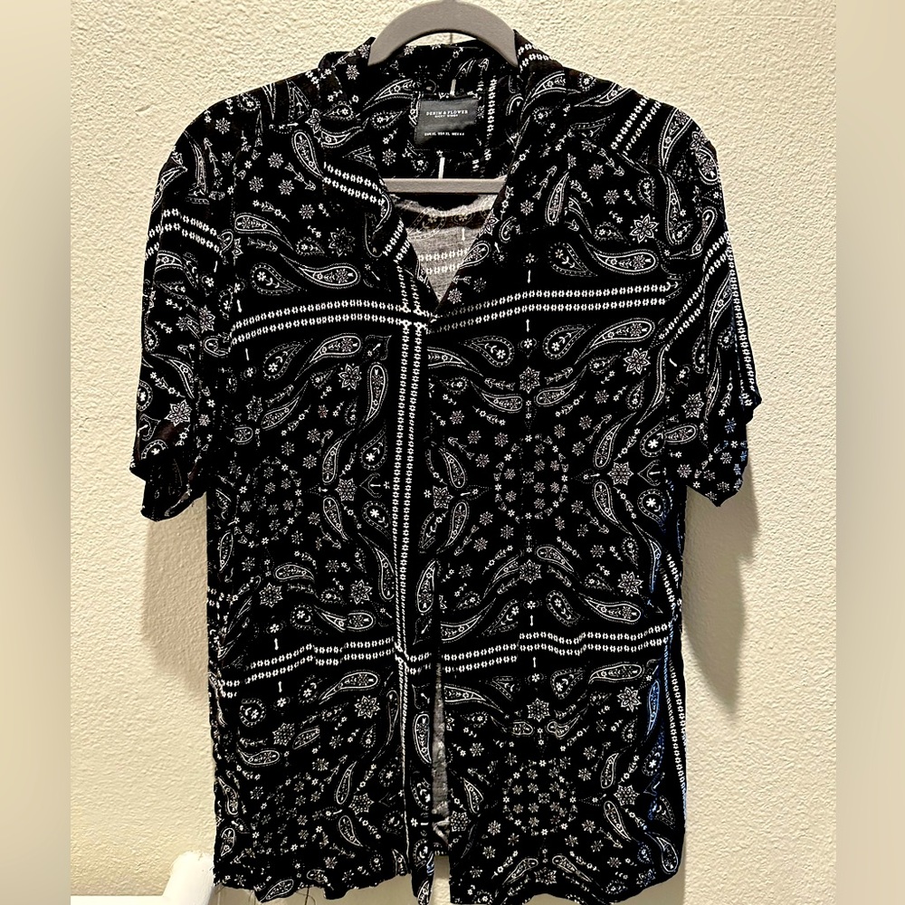 Denim and Flower. Bandana print casual button down shirt
